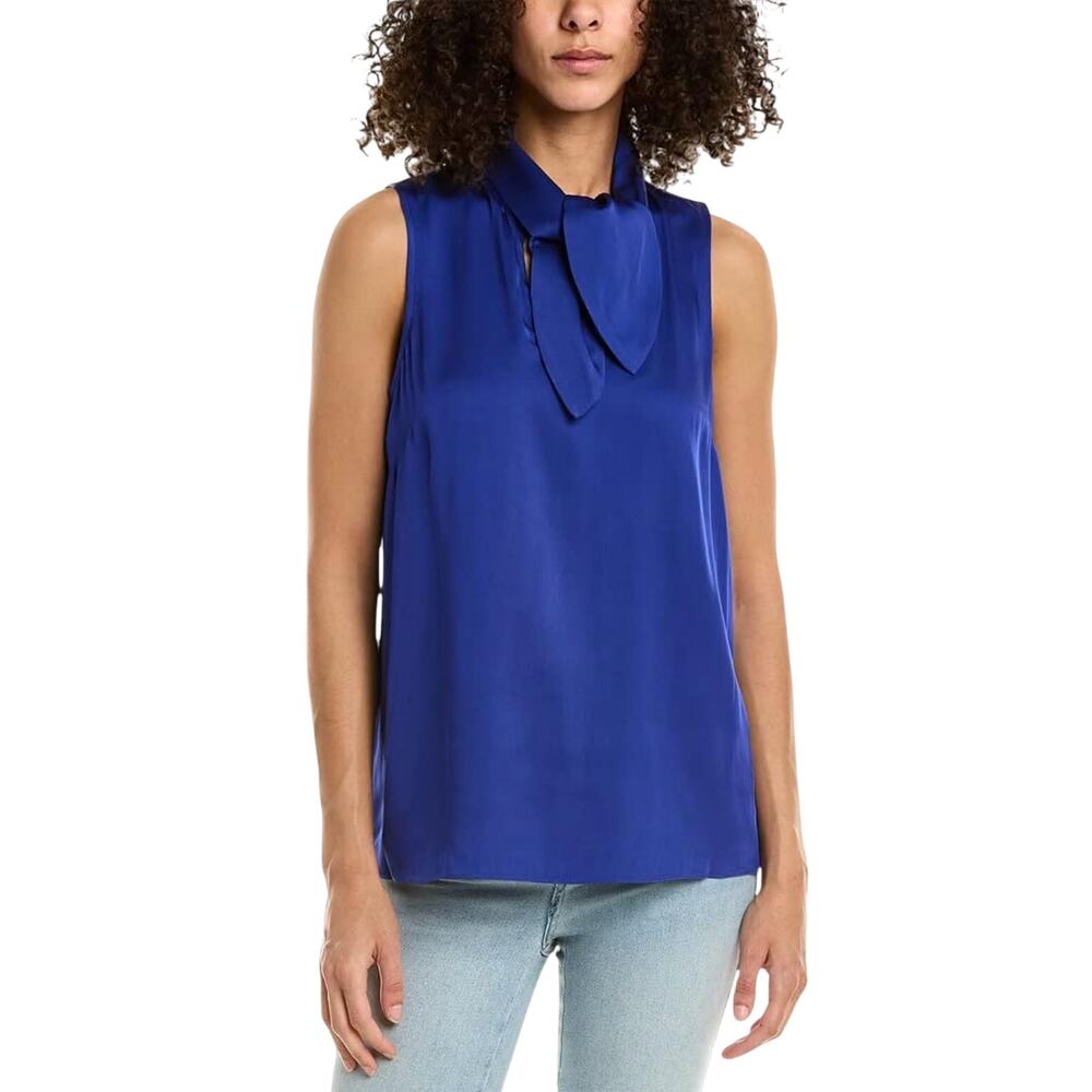 TRINA TURK Women's Mayra Top Medium Bengal Blue Silk Sleeveless Scarf Detail NWT